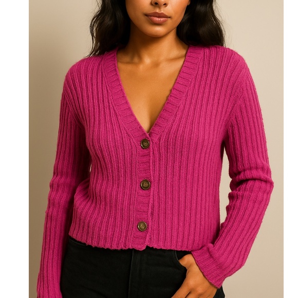 American Eagle Pink Fuchsia Ribbed Button Front Cardigan Size XS - Picture 1 of 6